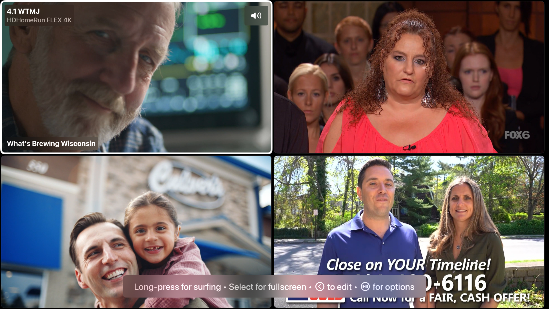 Multiview showing four live television streams in a customizable layout